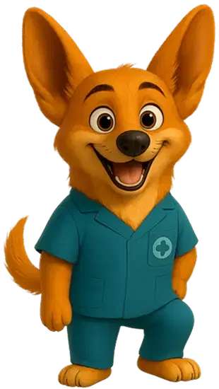 O mascote do sistema Loopvet vestido de veterinário.